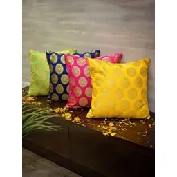 RoyalDeco Green & Beige 4 Pieces Ethnic Motifs Brocade Square Cushion Covers-picture-16