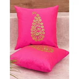 RoyalDeco Magenta & Gold Toned 2 Pieces Ethnic Motifs Silk Cushion Covers-picture-26
