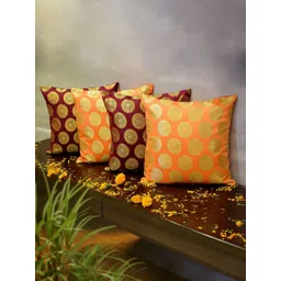 RoyalDeco Maroon & Orange 4 Pieces Ethnic Motifs Brocade Square Cushion Covers-picture-18