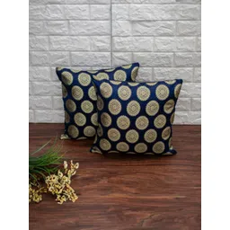 RoyalDeco Navy Blue & Gold-Toned Set of 2 Ethnic Motifs Square Cushion Covers-picture-40
