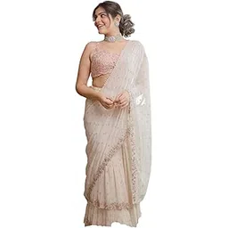 royalstyle Saree For Women Faux Georgette Fabric White Saree With Multi Thread Sequins Embroidery Work With Real Mirror Work White Color Bollywood Saree-picture-52