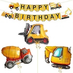 Rozi Decoration Construction Theme Birthday Decoration Set – Truck, Excavator & Mixer Foil Balloons with Happy Birthday Banner for Kids Party Supplies Set of 4 Pcs-picture-12