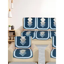 RRC Blue & White 10 PIeces Floral Printed 5 Seater Velvet Sofa Cover-picture-33