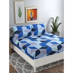 RRC White & Blue Geometric 144 TC Queen Bedsheet with 2 Pillow Covers-picture-13
