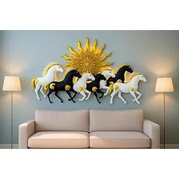 RSN Decorative Metal Wall Art, Black and White Running 7 Horses with Sun Design with LED Light, Modern Home Decor Size-38 * 20 Inch-picture-29