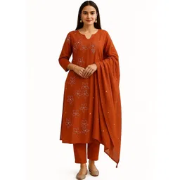 Ruaati Women Floral Embroidered Regular Thread Work Pure Cotton Kurta with Trousers & With Dupatta-picture-35