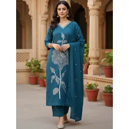 Ruaati Women Floral Embroidered Regular Thread Work Pure Cotton Kurta with Trousers & With Dupatta-picture-21