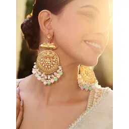 Rubans 18K Antique Gold-Plated Brass Peacock Motif Big Chandbali with Pearl & Pastel Beads-picture-38