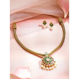 Rubans 18K Gold-Plated Brass Necklace Set with Ruby & Green Stones and Pearls-picture-36