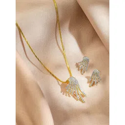 Rubans 18K Gold-Plated Cubic Zirconia Studded Cascading Wave Design Pendant Necklace Set-picture-28