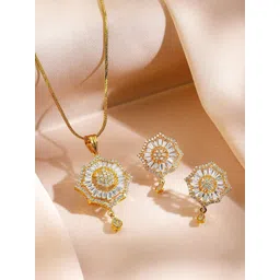 Rubans 18K Gold-Plated Cubic Zirconia Studded Starburst Drop Classic Pendant Necklace Set-picture-30