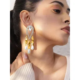 Rubans 18k Gold Plated CZ Studded & Pearls Beaded Teardrop Shaped Tasselled Drop Earrings-picture-39