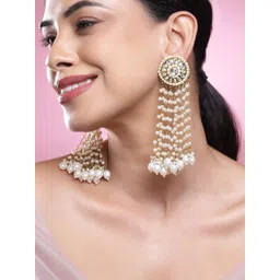 Rubans 18K Gold-Plated Kundan Studded & Multilayer Pearls Beaded Circular Drop Earrings-picture-32