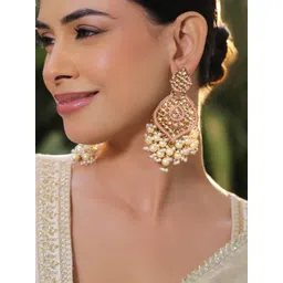 Rubans 18K Gold-Plated Pastel Pink Kundan & Glossy Off-White Pearl Beaded Long Chandelier-picture-33