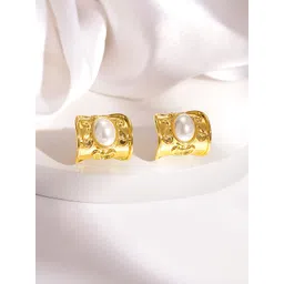 Rubans 18K Gold Plated Pearl Studded Half Hoop Earrings With Intricate Scroll Design-picture-32