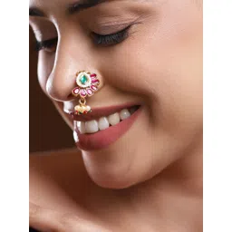 Rubans 18K Gold-Plated Ruby Pink & Emerald Green Floral Pearl Beads Clip-On Nath-picture-31
