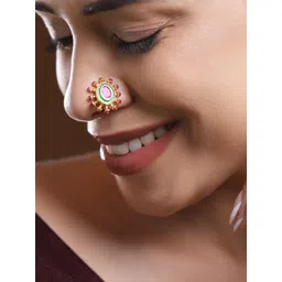 Rubans 18K Gold-Plated Ruby Pink Stone Studded Non-Pierced Clip-On Nath with Green Enamel-picture-31