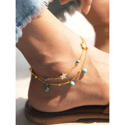 Rubans 18K Gold Plated StainlessSteel TarnishFree Waterproof Turquoise Beads & Star Anklet-picture-17