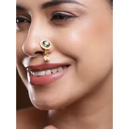 Rubans 18K Gold-Plated White Stone Green Enamel & Pearl Drop Non-Pierced Clip-On Nath-picture-30