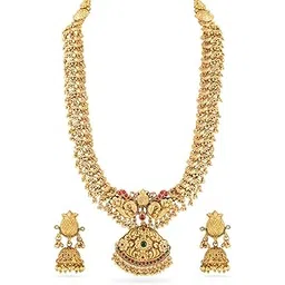 rubans 22K Gold-Plated Brass Long Temple Jewellery Set with Lakshmi & Peacock Motifs Ruby Red & Emerald Green Stone Detailing and Earrings for Women & Girls – Perfect for Bridal & Festive Styling-picture-22