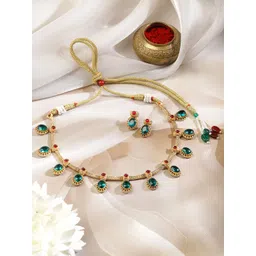 Rubans 22K Gold-Plated Emerald Green & Ruby Red Stone-Studded Adjustable Necklace Set-picture-20