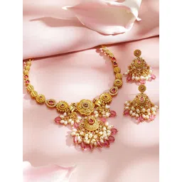 Rubans 22K Gold-Plated Handcrafted Ruby Red Stone with CZ, Pink Pearl Beads Necklace Set-picture-15