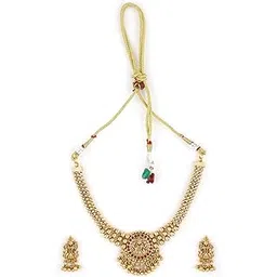 rubans 22K Gold-Plated Handcrafted Temple Artificial Jewelry Set-Stone Studded with Gold Beads and Matching Earrings For Women and Girls-Lakshmi Motif Perfect for Weddings and Special Occasions-picture-33
