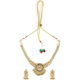 rubans 22K Gold-Plated Handcrafted Temple Artificial Jewelry Set-Stone Studded with Gold Beads and Matching Earrings For Women and Girls-Lakshmi Motif Perfect for Weddings and Special Occasions-picture-35