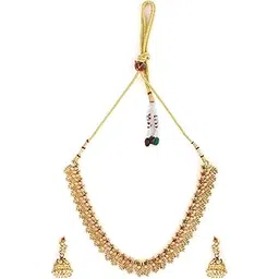 rubans 22k Gold-Plated Red & Green Stone Studded Handcrafted Traditional Temple Jewellery Set For Women-picture-21