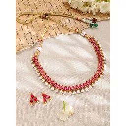 Rubans 22K Gold-Plated Red Stone & Pearl Beaded Traditional Jewellery Set image 2
