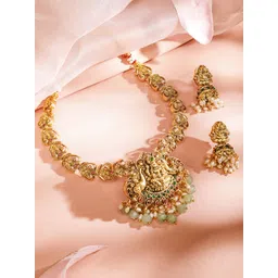 Rubans 22K Gold-Plated Ruby Emerald & Mint Green-White Beaded Lakshmi Temple Necklace Set-picture-36