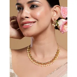 Rubans 22K Gold-Plated Ruby, Emerald & Zirconia Studded Necklace Set with Pearl Drops-picture-27