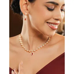 Rubans 22K Gold-Plated Ruby Pink & White Cubic Zirconia Studded Necklace Set With Earrings-picture-15