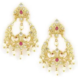 rubans 22K Gold-Plated Ruby Pink & White Cubic Zirconia Studded Pearl Beaded Chandbali Earrings for Women & Girls | Traditional Festive & Wedding Jewelry-picture-10