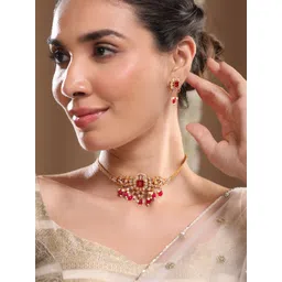 Rubans 22K Gold Plated Ruby Red & Cubic Zirconia Studded Choker Set with Red Pearl Beads-picture-39