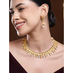 Rubans 22K Gold-Plated Ruby Red & Emerald Green Stone and Pearl Beads Brass Necklace Set-picture-14