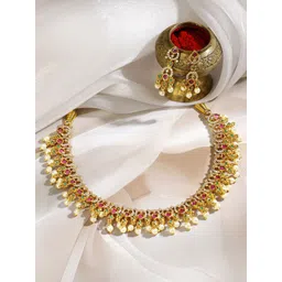 Rubans 22K Gold-Plated Ruby Red & Emerald Green Stone Studded Pearl Beaded Necklace Set-picture-10