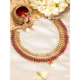 Rubans 22K Gold-Plated Ruby Red & Emerald Green Stone Traditional Pearl Drop Jewellery Set-picture-13