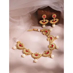 Rubans 22K Gold-Plated Ruby Red & Pearl Beaded Statement Necklace Set with Earrings-picture-36