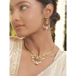 Rubans 22K Gold-Plated Ruby Red, Emerald & Pearl Beads Lakshmi Motif Temple Necklace Set-picture-37