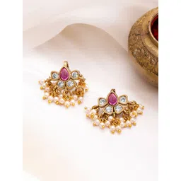 Rubans 22K Gold-Plated Ruby Studded & Pearls Beaded Teardrop Shaped Ear Cuff Earrings-picture-18