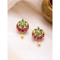 Rubans 22K Gold-Plated Stones Studded & Pearls Beaded Floral Shaped Drop Earrings-picture-16