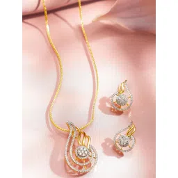 Rubans 22K Gold-Plated White Cubic Zirconia Studded Flame Motif Pendant Necklace Set-picture-12