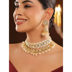 Rubans 22K Gold-Plated White Kundan, Cubic Zirconia & Glossy White Pearl Beaded Choker Set-picture-29