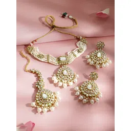Rubans 22K Gold-Plated White Kundan Pendant Choker Set with MultiStrand Glossy Pearl Beads-picture-36