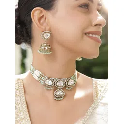 Rubans 22K Gold-Plated White Kundan,Cubic Zirconia, Mint Green-White Pearl Bead Choker Set-picture-28