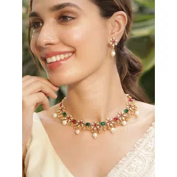 Rubans 22KT Gold Plated Brass Red And Green Stone Studded Pearls Hanging Jewellery Set-picture-16