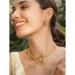 Rubans 22KT Gold Plated Brass Red Stone Studded Lakshmi Motif Temple Necklace Set-picture-24