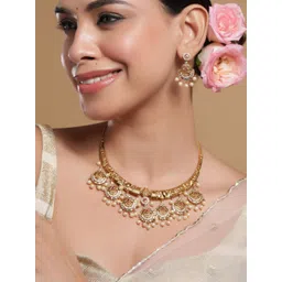 Rubans 22KT Gold-Plated Cubic Zirconia Studded & Pearls Beaded Lakshmi God Jewellery Set-picture-39