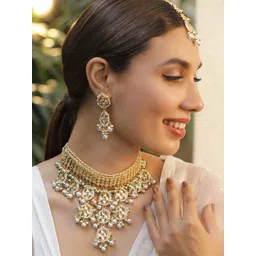 Rubans 22KT Gold Plated Luxury Kundan Studded White Beaded Choker Necklace Set-picture-12